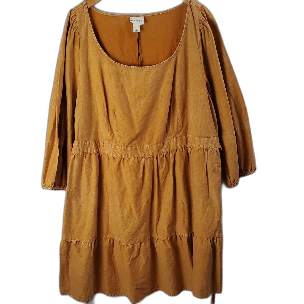 Ava & Viv Women Mustard Copper Balloon Sleeve Boho Peasant Western Dress 1X  NWT